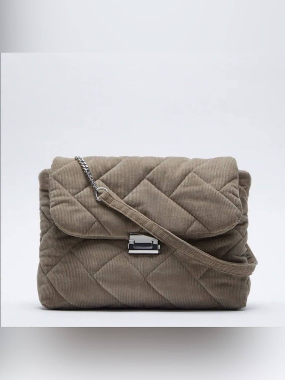 Zara Quilted Taupe Shoulder Bag with Silver Chain